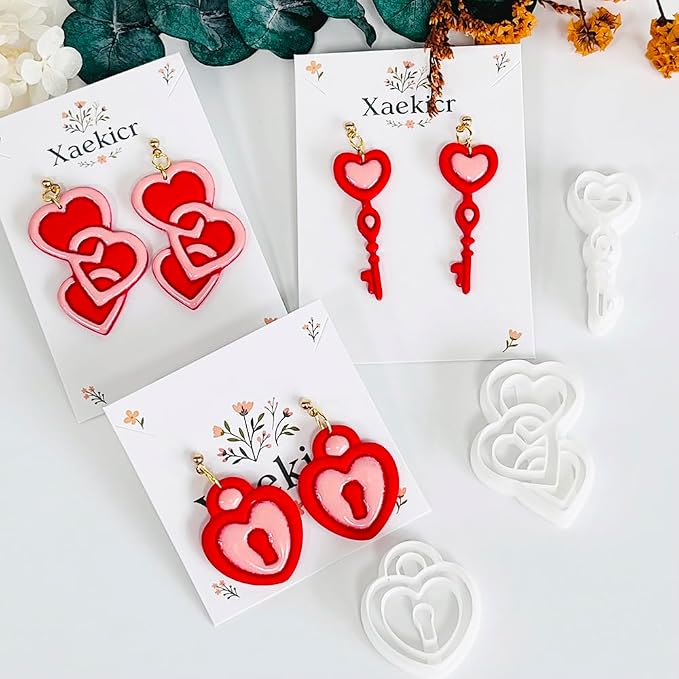 Xaekicr Heart Lock and Key Clay Cutters Set – 3PCS Polymer Clay Cutters for Earrings, Valentine’s Day Clay Earring Cutters, Polymer Clay Molds for Jewelry Making, Clay Tools