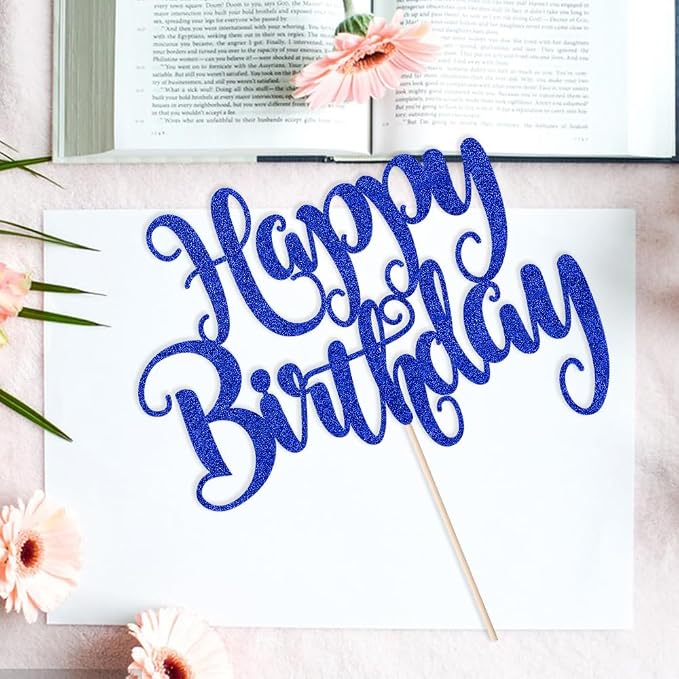 Happy Birthday Cake Topper- Glitter Happy Birthday Cake Decor, Handmade Anniversary/Birthday Party Supplies (Deep blue)