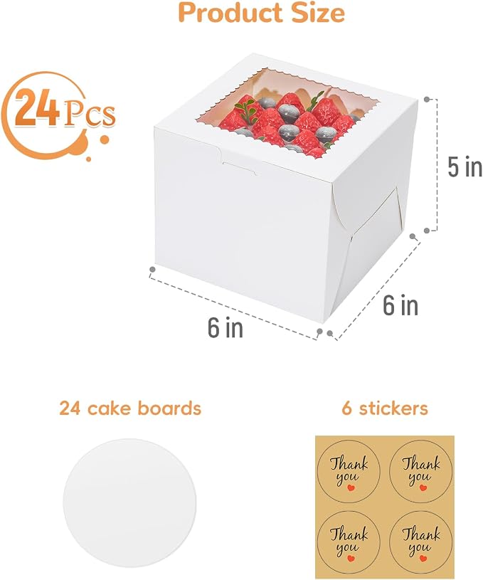 Mini Cake Boxes 6 Inch with Window, 24 Set Bakery Boxes with Cake Boards & Stickers, Cupcake Box for Birthday, Party, Wedding, Mother's Day, Valentine's Day, Christmas（6x6x5 inch）