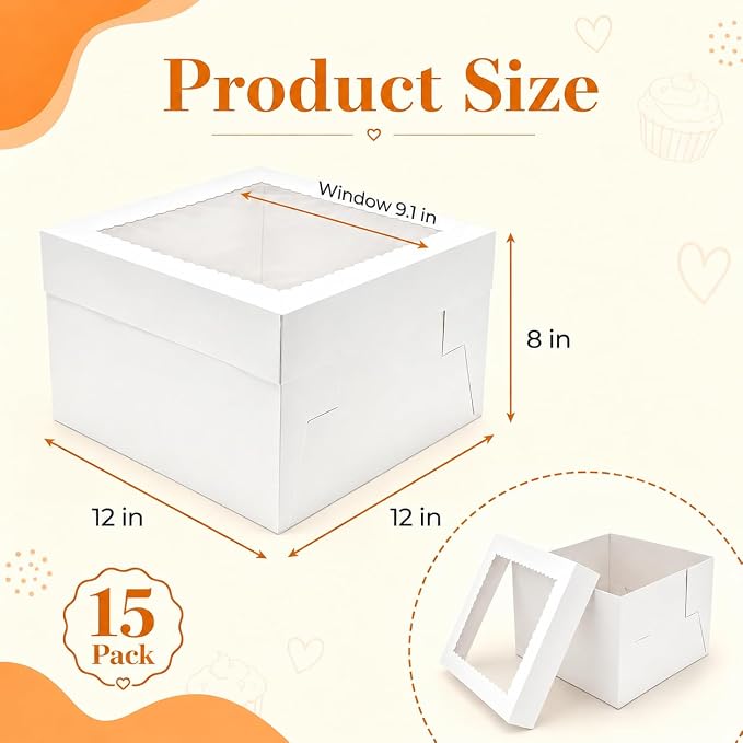 NPLUX Cake Boxes 12 Inch, 15 Pack 12x12x8 Cake Box with Window, White Cake Boxes with Separate Lid for Cakes, Pastries, Cookies, Bakery Orders and Gifting, Graduation Gifts Party Favors