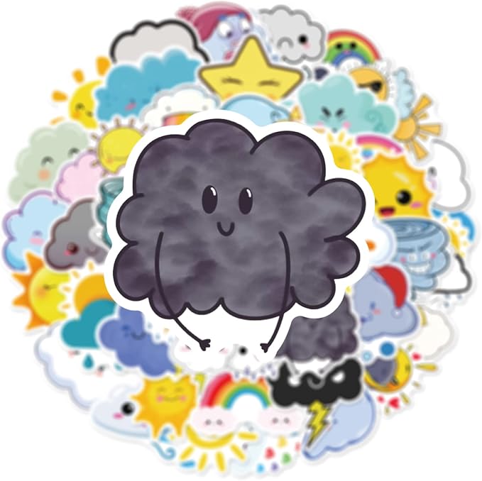 Cute Weather Stickers for Journaling - 50PCS Sun Cloud Rainbow Stickers Waterproof Vinyl Aesthetic Decals for Scrapbook, Water Bottles, Laptops, Guitar, Perfect for Kids Teens & Weather Lovers