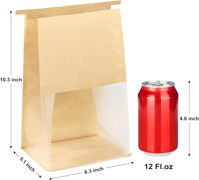 Sourdough Bread Bags with Tin Tie Tab Lock, 50 PCS, 10.3 x 6.3 x 5.1 Inch | Paper Bakery Bags with Window For Homemade Breads Cookies, Bagels, Pastries Bake Sale Packaging