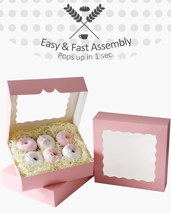 qiqee Auto-pop Up 30pcs Pie Box With Window 9x9x2.5 Inch Donut Pastry Boxes Pink Bakery Box