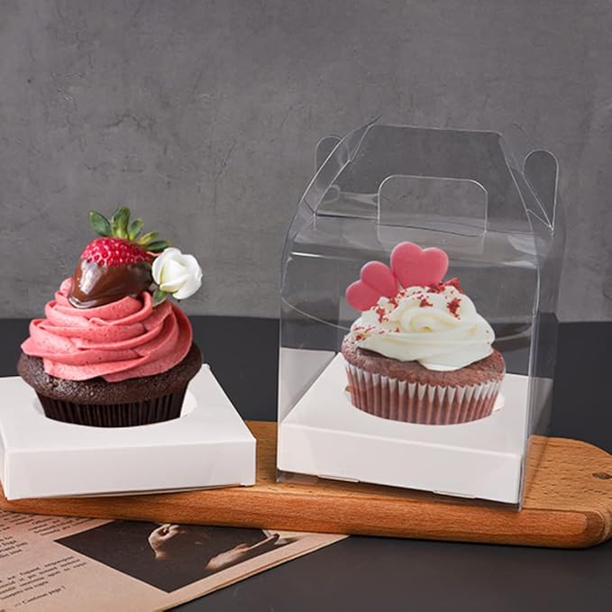 30 PCS Individual Cupcake Containers Single Cupcake Boxes with Handle and Inserts Clear Plastic Favor Boxes