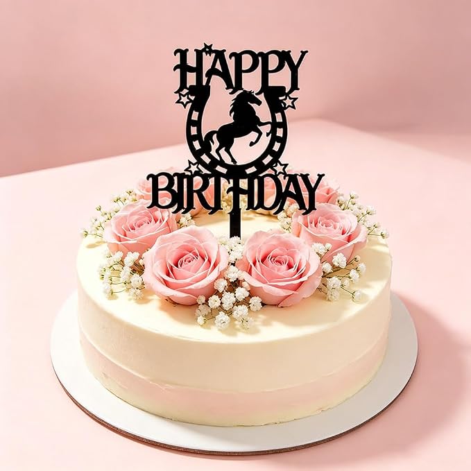 Black Acrylic Horse Happy Birthday Cake Topper, Horse Theme Party Decoration for Boys, Girls, Men, Women & Kids Birthday Party Decoration Supplies (Design4)