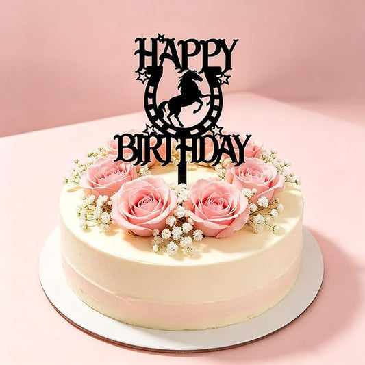 Black Acrylic Horse Happy Birthday Cake Topper, Horse Theme Party Decoration for Boys, Girls, Men, Women & Kids Birthday Party Decoration Supplies (Design4)