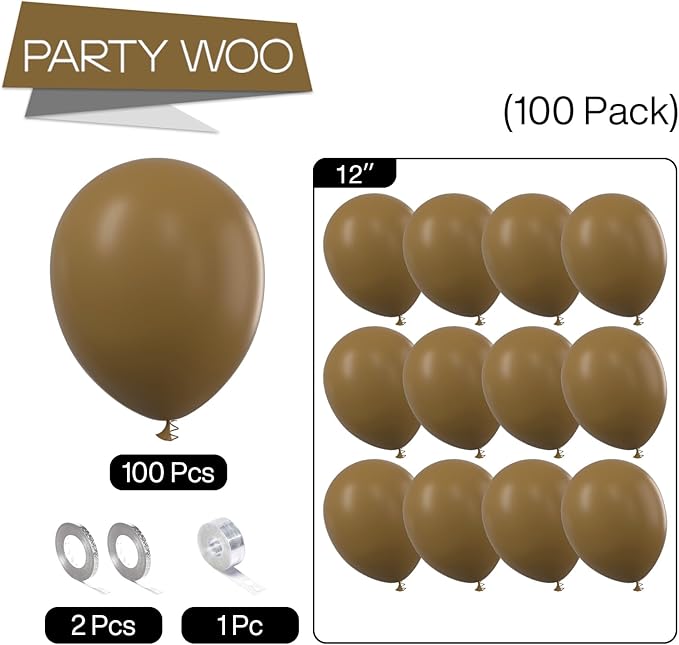 PartyWoo Brown Balloons 100pcs 12 Inch Boho Neutral Coffee Tan Fall Latex Helium Balloons for Wedding Baby Shower Gender Reveal Graduation Safari Woodland Birthday Fall Party Decorations Brown-F09