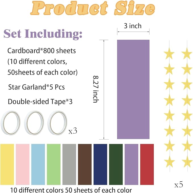 ABOAT Pastel Paper Chain Garland Kit & Mirror Star Garland, 800 Pre-Cut Strips with Double Sided Tape, Multicolor Pastel Craft Paper for Fancy Nancy, Birthday, Wedding & Festival Decor, 3x8.27 Inches