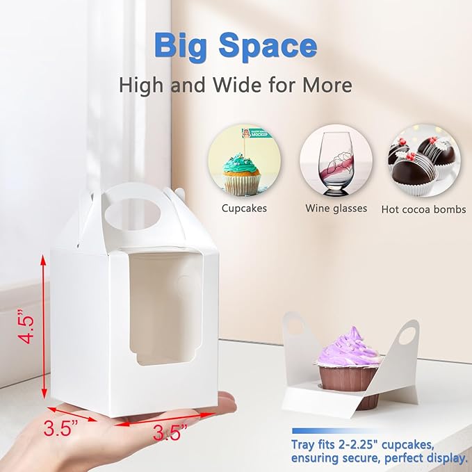 Cupcake Boxes 100 Pcs, Individual Cupcake Carrier White with Window Insert and Handle Pastry Containers Single Muffins Container for Bakery Wrapping Party Favor Packing