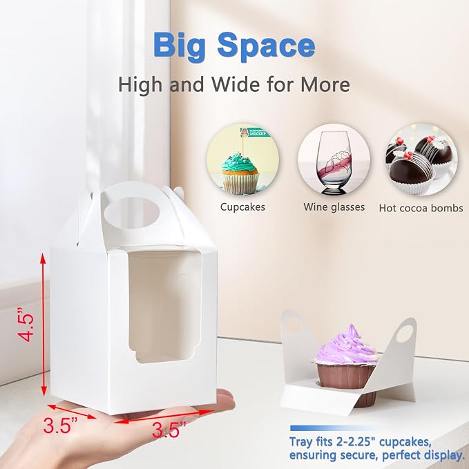 Cupcake Boxes 12 pcs, Individual Cupcake Containers White with Window Insert and Handle, Pastry Box Single Muffins Holder Disposable for Bakery Wrapping Party Favor Packaging