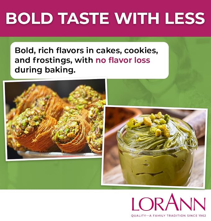 Lorann Oils Pistachio Bakery Emulsion: Genuine Pistachio Aroma, Perfect for Boosting Nutty Notes in Baked Goods, Gluten-Free, Keto-Friendly, Pistachio Extract Substitute Essential for Your Kitchen