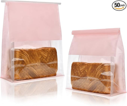 Funcoo 50 Paper Bread Bags with Tabs for Homemade Sourdough Bread, 8.7x4.3x11 Inches Pink Bakery Bread Bags with Window/Tin Tie Tab Lock, Large Bakery Loaf Bag for Baked Goods Packaging