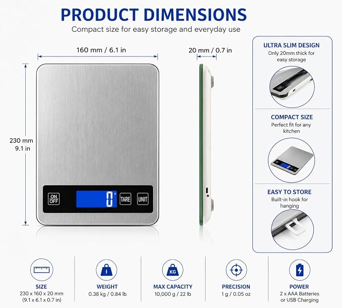 Digital Kitchen Scale 10kg/22lb, Food Scale Grams and Ounces, 1g High Precision, USB Rechargeable, Stainless Steel, Tare Function, LCD Display, Multi-Unit for Baking, Cooking & Meal Prep