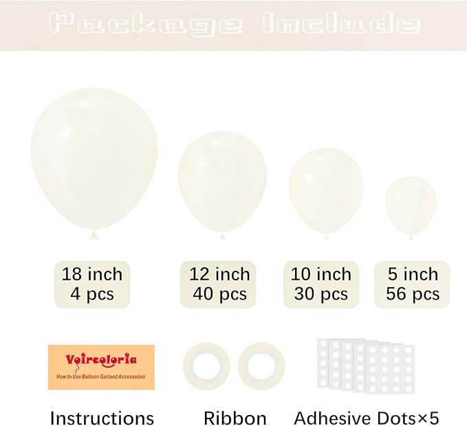 Voircoloria 130pcs Ivory White Balloons Different Sizes 18" 12" 10" 5" Party Latex Balloons for Birthday Baby Shower Graduation Wedding Gender Reveal Anniversary Party Decorations