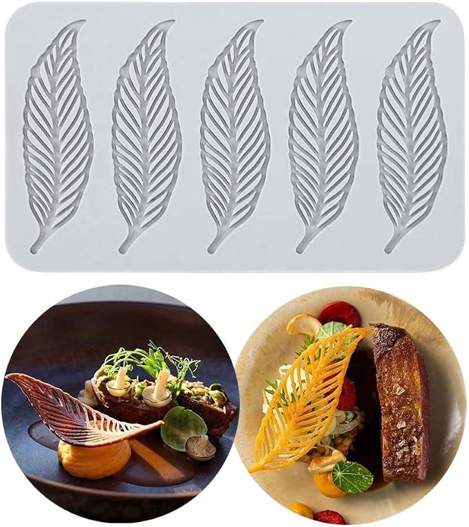 TUKE 3D Leaves Silicone Molds Flower Cake Fondant Mat Bee Leaf Pastry Moulds Rose Impression Chocolate Hollow Lace Mold (Feather_7.8x4.6x0.12inch_H)