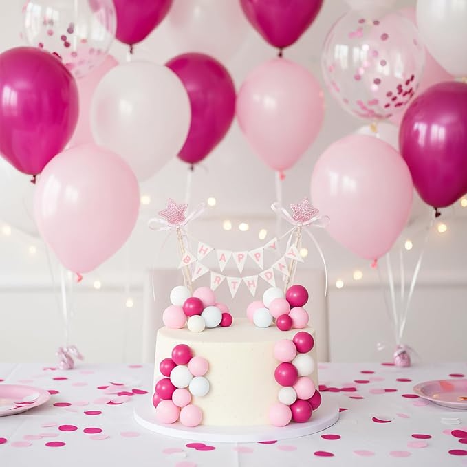 16 Pcs Happy Birthday Cake Topper Cake Bunting Topper Banner with Wood Pole Rainbow Garland with Bow Ribbon Balloon, Mini Cupcake Decor for Birthday Baby Shower (White,Pink,Rose Pink)