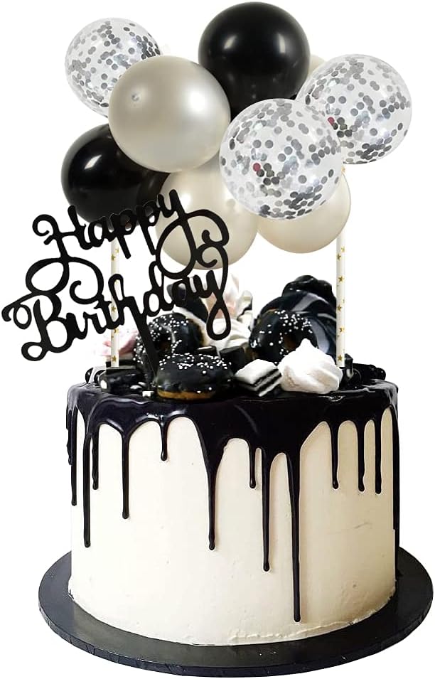 BEISHIDA Happy Birthday Cupcake Toppers - Silver Black Mini Balloon Cloud Birthday Cake Decorations for Boys Men Party Decorations(The product is for ages 18 and up only)