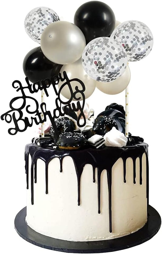 BEISHIDA Happy Birthday Cupcake Toppers - Silver Black Mini Balloon Cloud Birthday Cake Decorations for Boys Men Party Decorations(The product is for ages 18 and up only)
