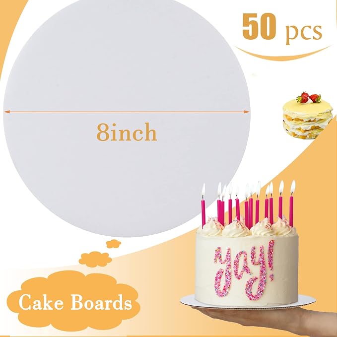 Sudaya Cake Boards 50 PCS, Cake Boards 8 Inch Round, Cardboard Cake Rounds, Disposable Cake Plates, Food Grade Cake Base Cake Tray Cake Circles, 8 Inch Cake Board White Cardboard Circles Round Base