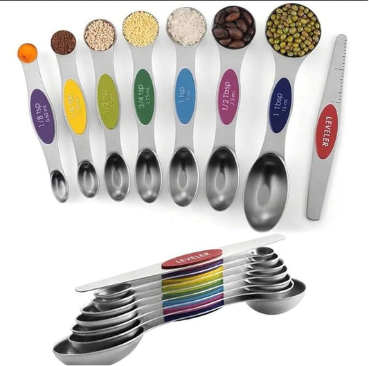 Measuring Spoons Stainless Steel Magnetic - Set of 9 with Leveler, Dual Sided Metal Teaspoon & Tablespoon Measuring Spoons, Nesting Kitchen Gadgets for Baking & Cooking, Variable Colors