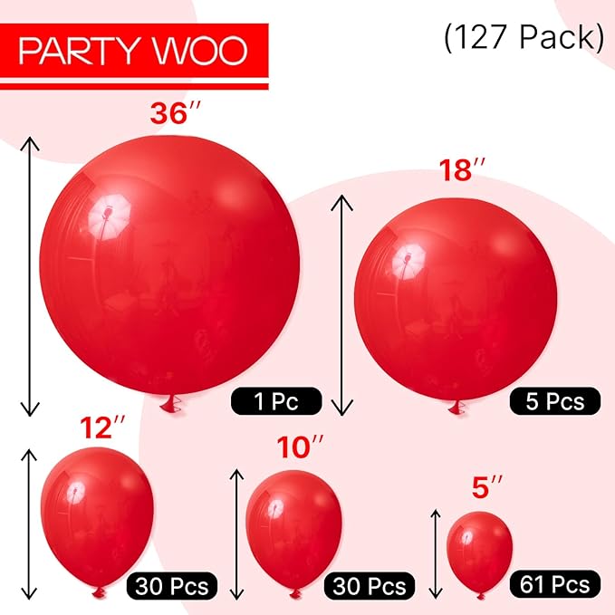 PartyWoo Red Balloons 127pcs Different Sizes of 36 18 12 10 5 Inch Red Balloon Arch Kit Garland for Birthday Graduation Bachelorette Citizenship Anniversary Cherry Casino Party Decorations Red-Y57