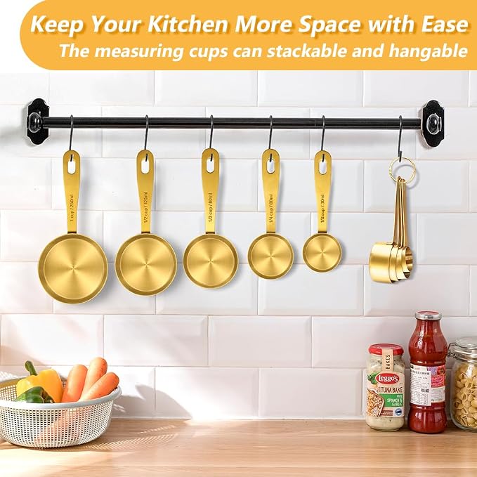Gold Measuring Cups and Spoons, Set of 9, Including 4 Measuring Spoons, 5 Measuring Cups, Stainless Steel Kitchen Gadgets for Liquid & Dry Ingredients