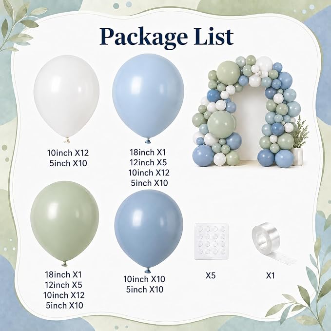 Dusty Blue Sage Green Balloon Arch Kit, Slate Fog Blue Dusty Olive Green White Balloons Different Size for Boho Baby Shower Bridal Shower Wedding Anniversary Neutral Birthday Woodland Party Decoration