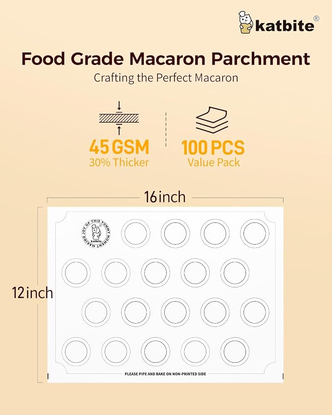 Katbite 100 Macaron Parchment Sheets Template Baking, Cookie Parchment, Printed Circle Baking Stencil for Macaron Cookie, 12x16 In, Non-Stick & Heavy Duty, Pre-cut Paper for Chicken Pizza French Fry