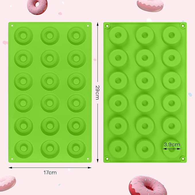 2er Pack Silicone Donut Mold - Non-Stick Silicone Doughnut Pan DIY Chocolate Baking Cookie Molds, Heat Resistant, Make Donut Cake Biscuit Bagels, BPA Free Dishwasher Safe (green, 18 Cavities)