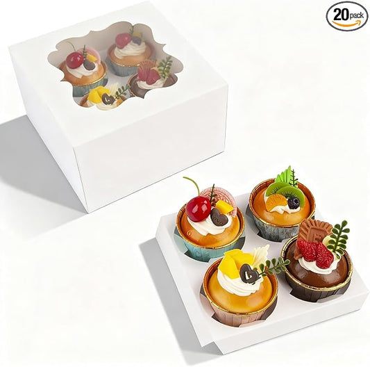 Cupcake Boxes with Window, 20 Pack 6.5x6.5x3 Inch Bakery Boxes for 4 Cupcakes, Muffins, Cookies & Pastries, Disposable Dessert Boxes with Insert Holder (White)
