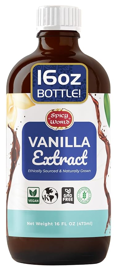 Spicy World Pure Vanilla Extract 16oz - 100% Real Vanilla Extract - For Cooking, Drinks & Desserts - 100% Vegan, Sugar Free & Kosher - Non-GMO & Gluten-Free - Glass Bottle (16 Ounce Bottle)