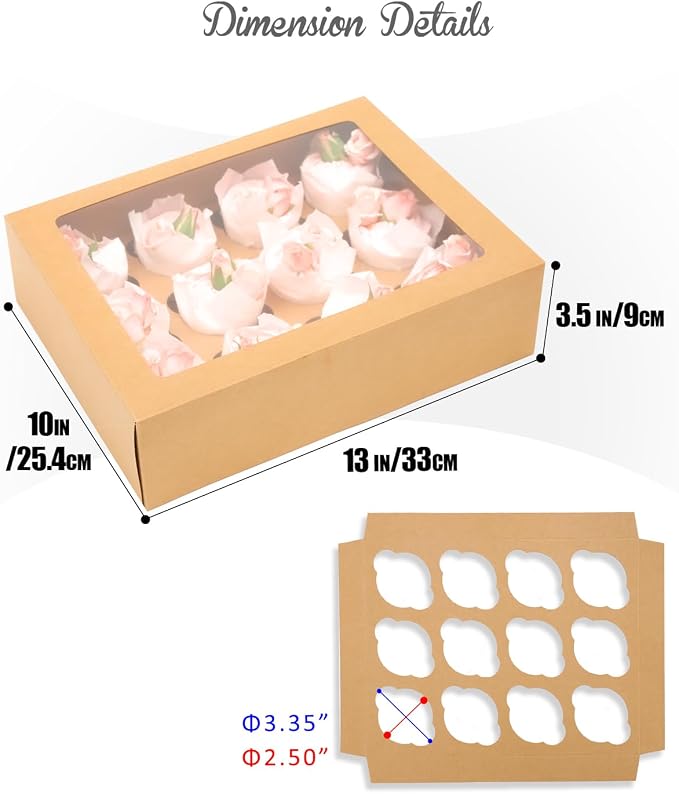 Bakepacker Auto-pop Up Cupcake Boxes with Window Brown 40PCS 12 Count Cupcake Box 13"x10"x3.5" Cupcakes Carrier, 12 Cupcake Containers with 2 rolls of pink ribbons