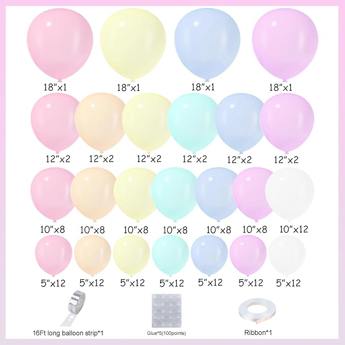 163Pcs Pastel Rainbow Balloon Arch Garland kit with Assorted Color Balloons Pastel Blue Pink Orange Green Yellow Purple and White Balloons for Easter LGBT Wedding Unicorn Birthday Party Supplies