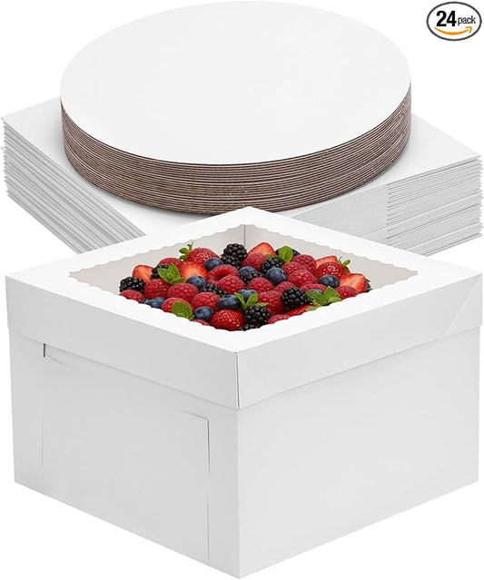 Moretoes 48pcs Cake Boxes 12x12x8 Inch with Cake Boards (24 Boxes & 24 Boards), Cake Carrier with Large Window, 12 Inch White, Bakery Containers Disposable Boxes for Birthday, Party, Cupcake Cookie