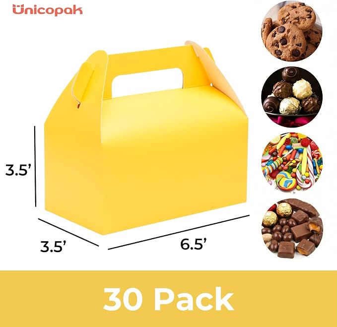 UnicoPak 30 Pack Yellow Party Favor Bag Boxes, Gable Gift Boxes for Candies Treats Goodies Cookies, Ideal for Yellow Party Favors, Themed Birthday Party, Valentine's Day, 6.5x3.5x3.5 Inches