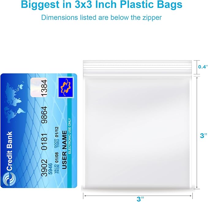 3''x 3'', (Pack of 100) 2 mil Thick Clear Plastic Reclosable Zip Poly with Resealable Lock Seal Zipper, Clear Small Zip, Jewelry, Candy, Storage, Packaging & Shipping…