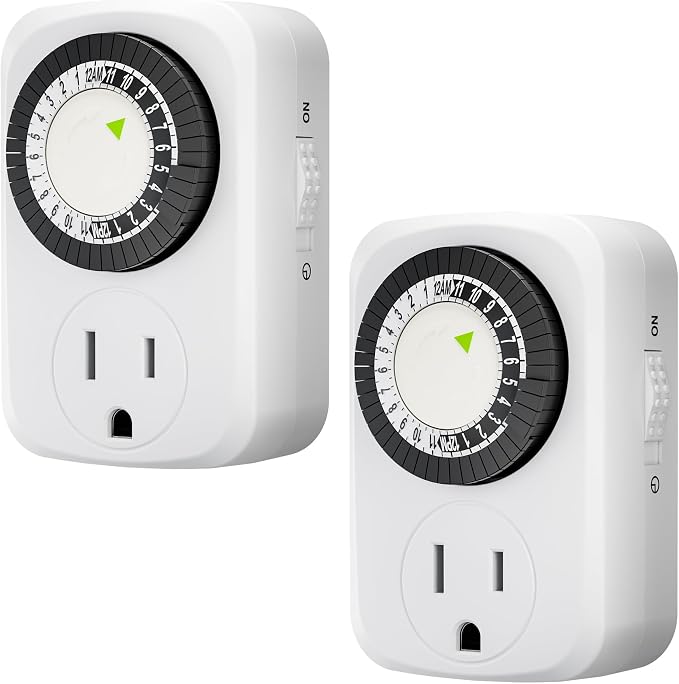 HBN Indoor Mini 24-Hour Mechanical Outlet Timer, for Electrical Outlets, 30 Minute Intervals, 3-Prong, 2-Pack, Light Timer for Indoor Lighting, ETL Listed