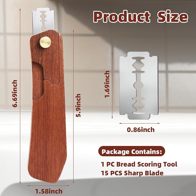Bread Lame Dough Scoring Tool and 15 Razor Blades, Upgraded Wooden Dough Scorer Knife with 2 Magnetic for Convenient Storage, Bread Scorers Tool for Breads Baking, Homemade Bread（Black Walnut）