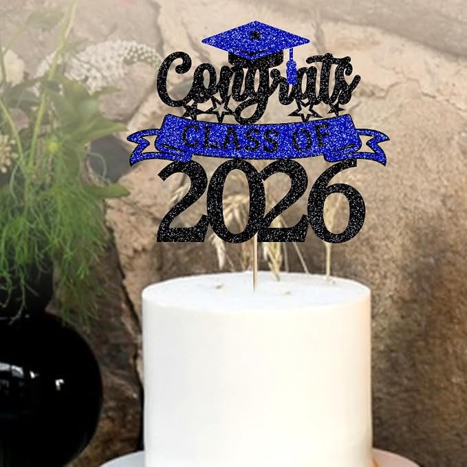 Glitter Class of 2026 Cake Topper，Congrats Grad Decorations， 2026 Happy Graduation High School/College/University Graduation Party Supplies Black and Dark Blue