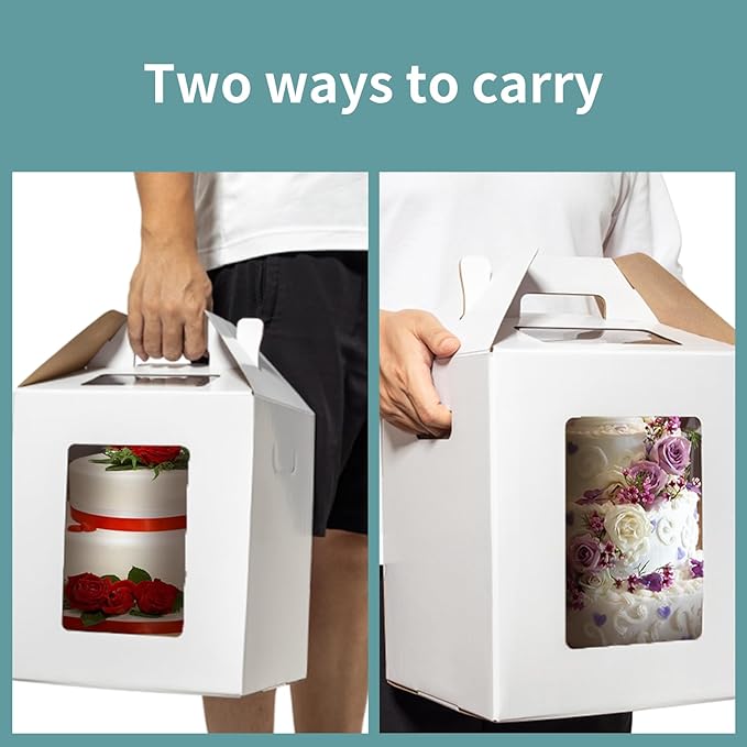 Wowxyz 4 Pack 2 Sizes Tall Cake Boxes for Tier Cakes 10x10x12 & 12x12x14 Inches Disposable Layer Baking Carrier with Window Large Tierd Bakery Take Out Transport Containers with Handle for Wedding