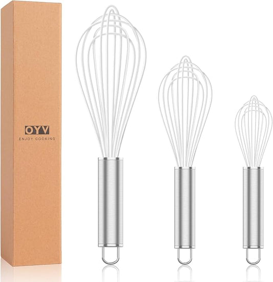 OYV White Silicone Whisk, Professional Whisks For Cooking Non-Scratch, Stainless Steel & Silicone Wisk, Plastic Rubber Whisk Tool For Nonstick Cookware Pans, BPA free, Silicon Wisks Set of 3