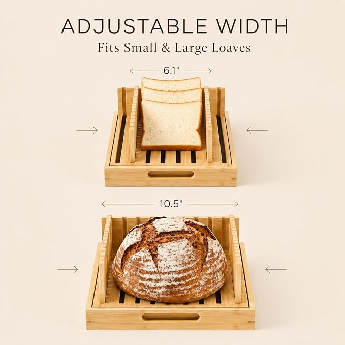 10.5" Bamboo Bread Slicer for Homemade Bread, Adjustable Sourdough Cutter Guide with Crumb Catcher Tray, Wooden Board for Round Loaves & Sandwich Slices