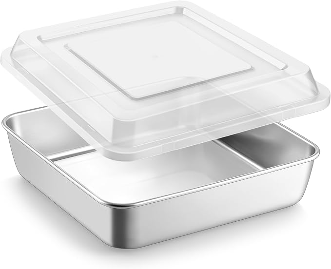 LIANYU 8 Inch Square Cake Pan with Lid, 8 x 8 Stainless Steel Lasagna Brownie Baking Pan, Non-Toxic Baking Dish for Oven Cooking Roasting, Even Heating & Dishwasher Safe (1 Pan +1 Lid)
