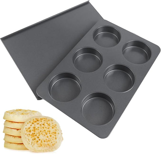 6 Cup Muffin Pan with Lid, Carbon Steel Non Stick Cupcake Pans for Baking, 9 x 13 Inch Even Crical Deep Baking Pan for Cup Cake, English Muffin, Whoopie Pie, Hamburger Buns