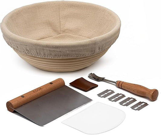 Kook Banneton Bread Proofing Set, Artisan Sourdough Bread Making Kit, 9 Inch Handwoven, Rattan Basket and Liner, Metal & Plastic Dough Scrapers, Scoring Lame & Case, 4 Extra Blades, Round