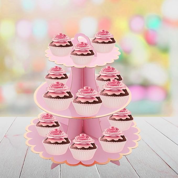 MRPAPA Pink Cupcake & Cake Stand Tray, 3-Tiered Cardboard Cupcake Stand, Easy Assemble Dessert Stand Holder for Party , Girls Baby Shower