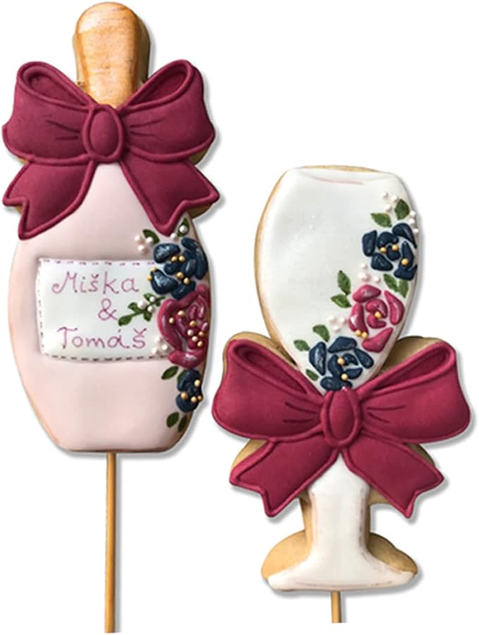 LILIAO Champagne and Champagne Glass with Ribbon Cookie Cutter for Wedding/Engagement - Stainless Steel