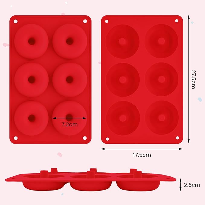 2er Pack Silicone Donut Mold - Non-Stick Silicone Doughnut Pan DIY Chocolate Baking Cookie Molds, Heat Resistant, Make Donut Cake Biscuit Bagels, BPA Free Dishwasher Safe (red, 6 Cavities)