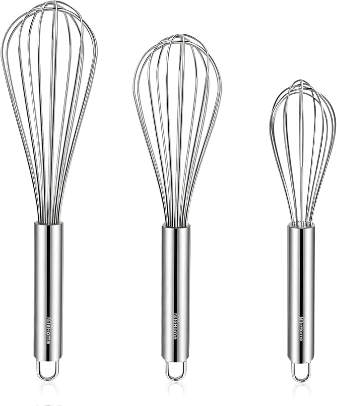 NileHome Stainless Steel Whisk Set 8" 10" 12" Kitchen Whisk Balloon Whisk Kitchen Wisk Wire Whisks for Cooking, Whisking, Blending, Beating, Stirring-3 Pack…