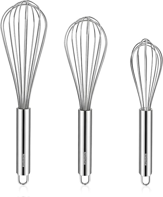 NileHome Stainless Steel Whisk Set 8" 10" 12" Kitchen Whisk Balloon Whisk Kitchen Wisk Wire Whisks for Cooking, Whisking, Blending, Beating, Stirring-3 Pack…